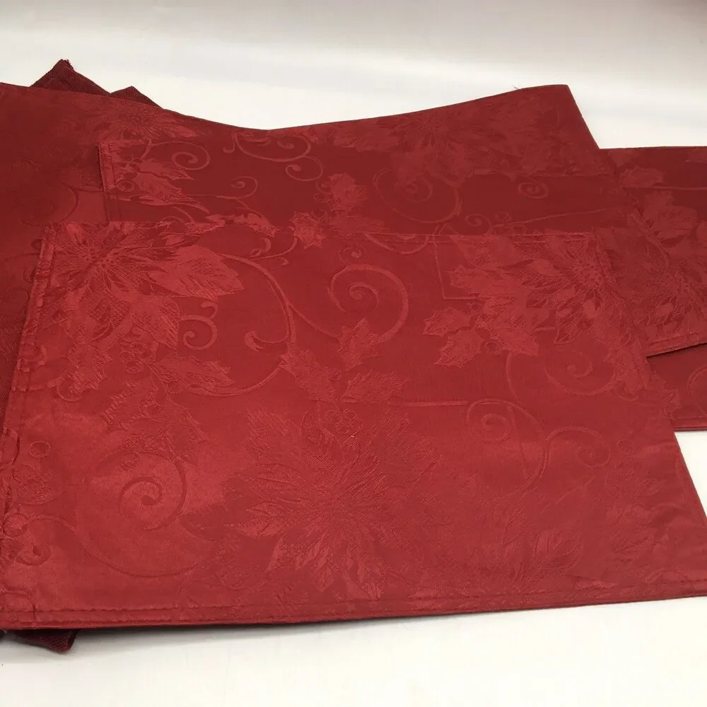 Red Placemats Lot Of 8 And 2 Napkins Woven + Embossed Floral Holiday Everyday